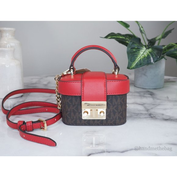 NEW MK Michael Kors Rose Mini Trunk Crossbody Brown & Red Leather Handbag NWT - Picture 2 of 8